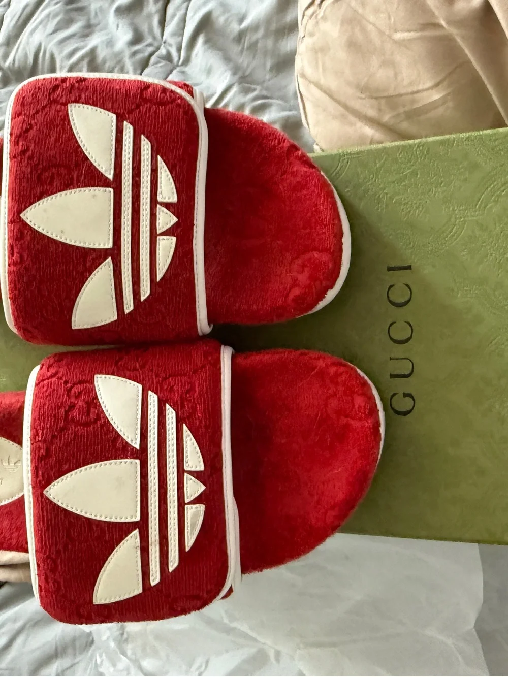 Gucci /adidas collab chunky Red Plush Slide Sandals with White Accents